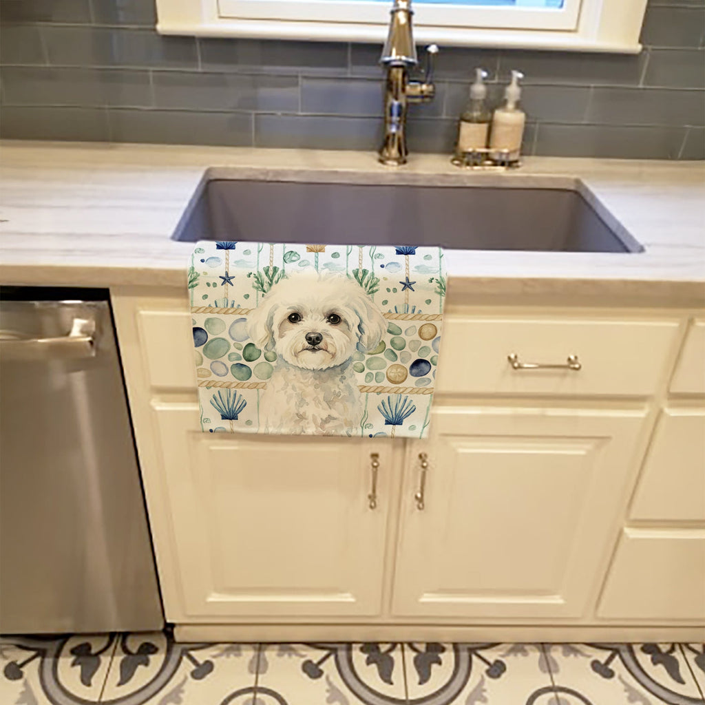 Bichon Frise Coastal Sea Glass Kitchen Towel Velour Plush Front and Cotton Loop Back Machine Washable