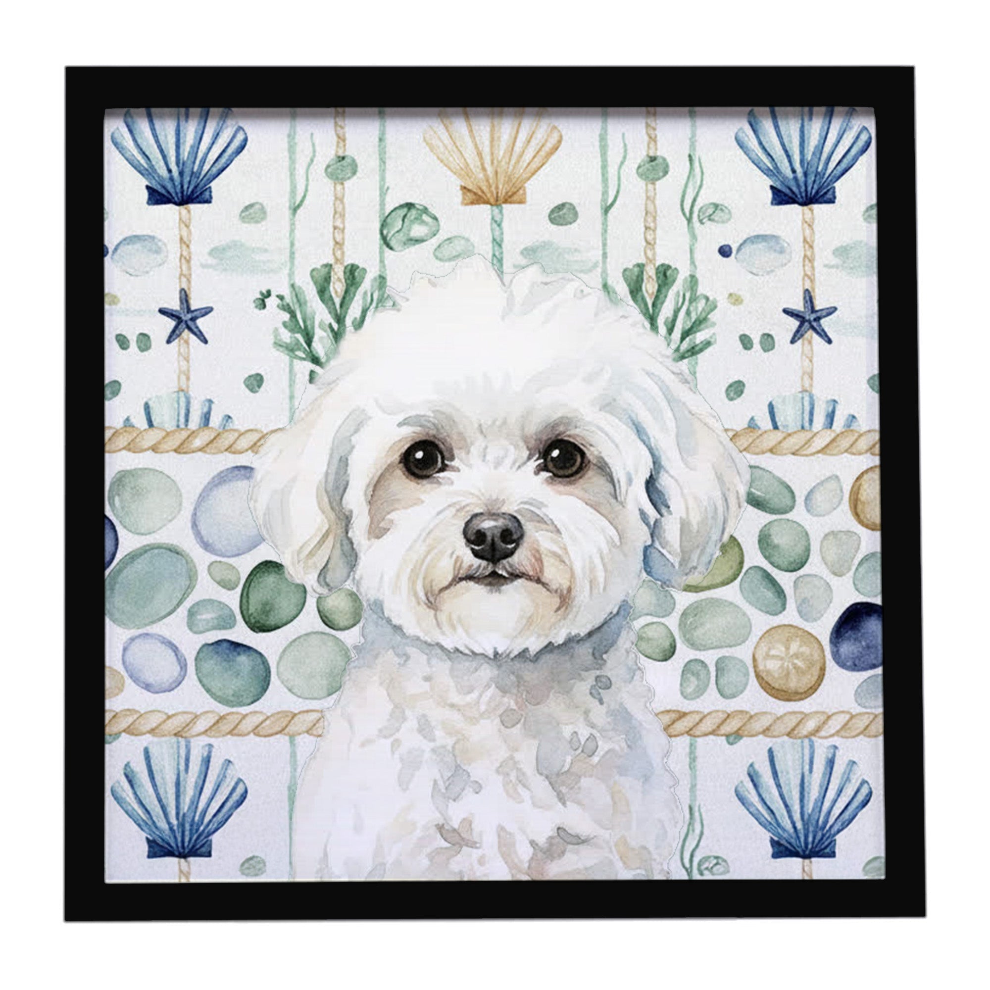 Bichon Frise Coastal Sea Glass Framed Metal Print Bathroom, Kitchen, Office, Home Decor Wall Art Ready to Hang, Square, 8X8