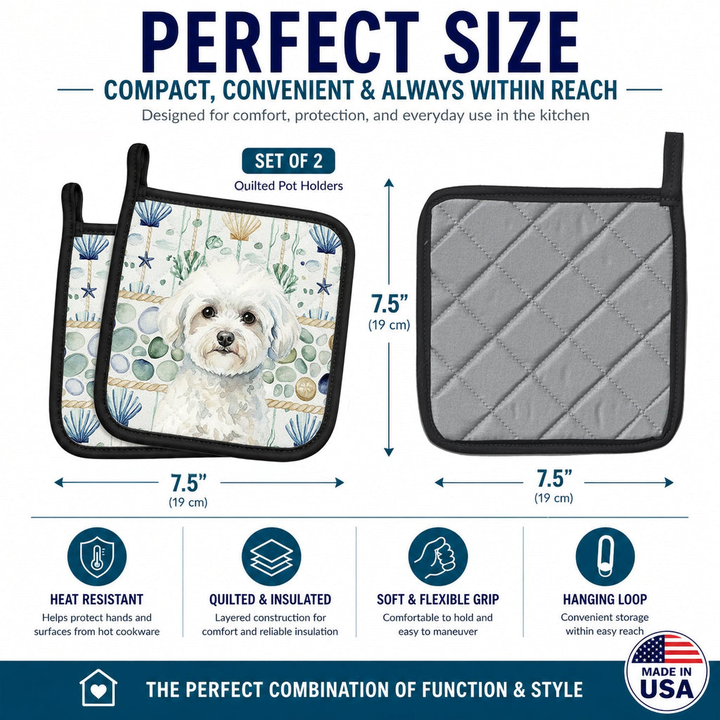 Bichon Frise Coastal Sea Glass Pot Holder Set of 2 Heat Resistant Quilted Hot Pads 7.5 x 7.5 Inch, Insulated Kitchen Trivets for Cooking & Baking