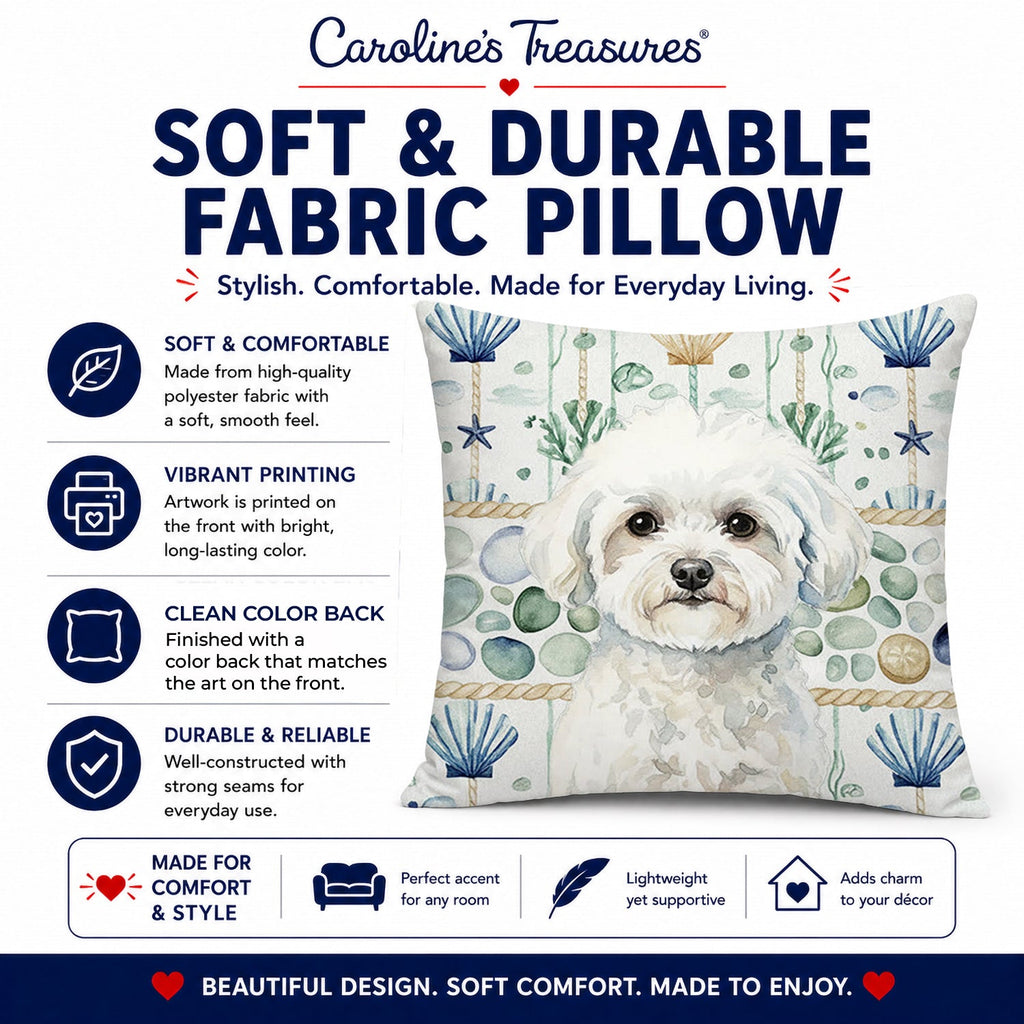 Bichon Frise Coastal Sea Glass Decorative Throw Pillow 14x14 Indoor Outdoor Accent Cushion, Fabric Cover with Insert for Sofa, Bed, Porch & Living Room
