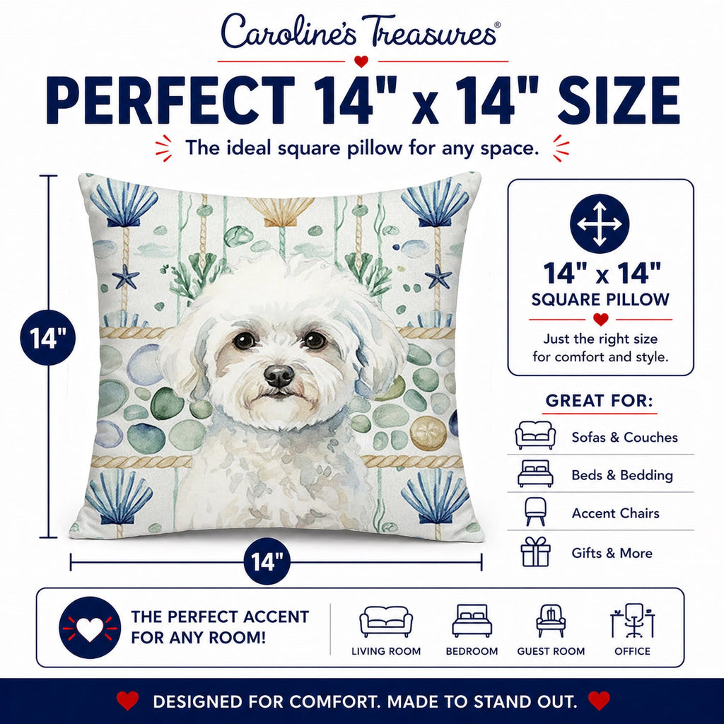 Bichon Frise Coastal Sea Glass Decorative Throw Pillow 14x14 Indoor Outdoor Accent Cushion, Fabric Cover with Insert for Sofa, Bed, Porch & Living Room