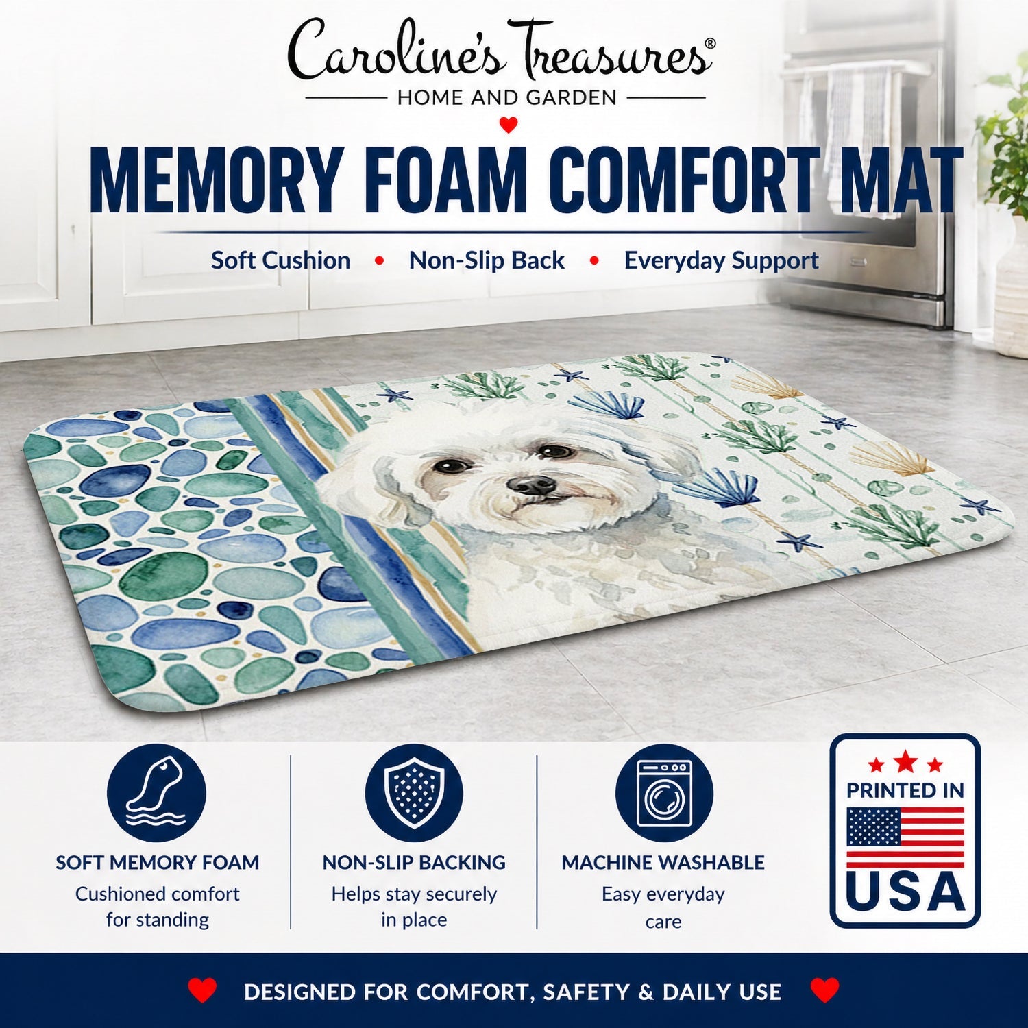 Bichon Frise Coastal Sea Glass Memory Foam Kitchen Mat Machine Washable Anti-Fatigue Cushion Comfort Bath or Kitchen Rug