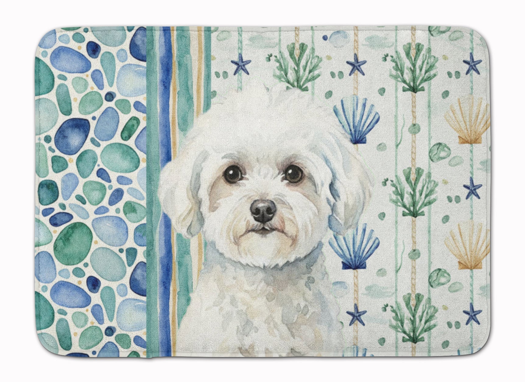 Bichon Frise Coastal Sea Glass Memory Foam Kitchen Mat Machine Washable Anti-Fatigue Cushion Comfort Bath or Kitchen Rug