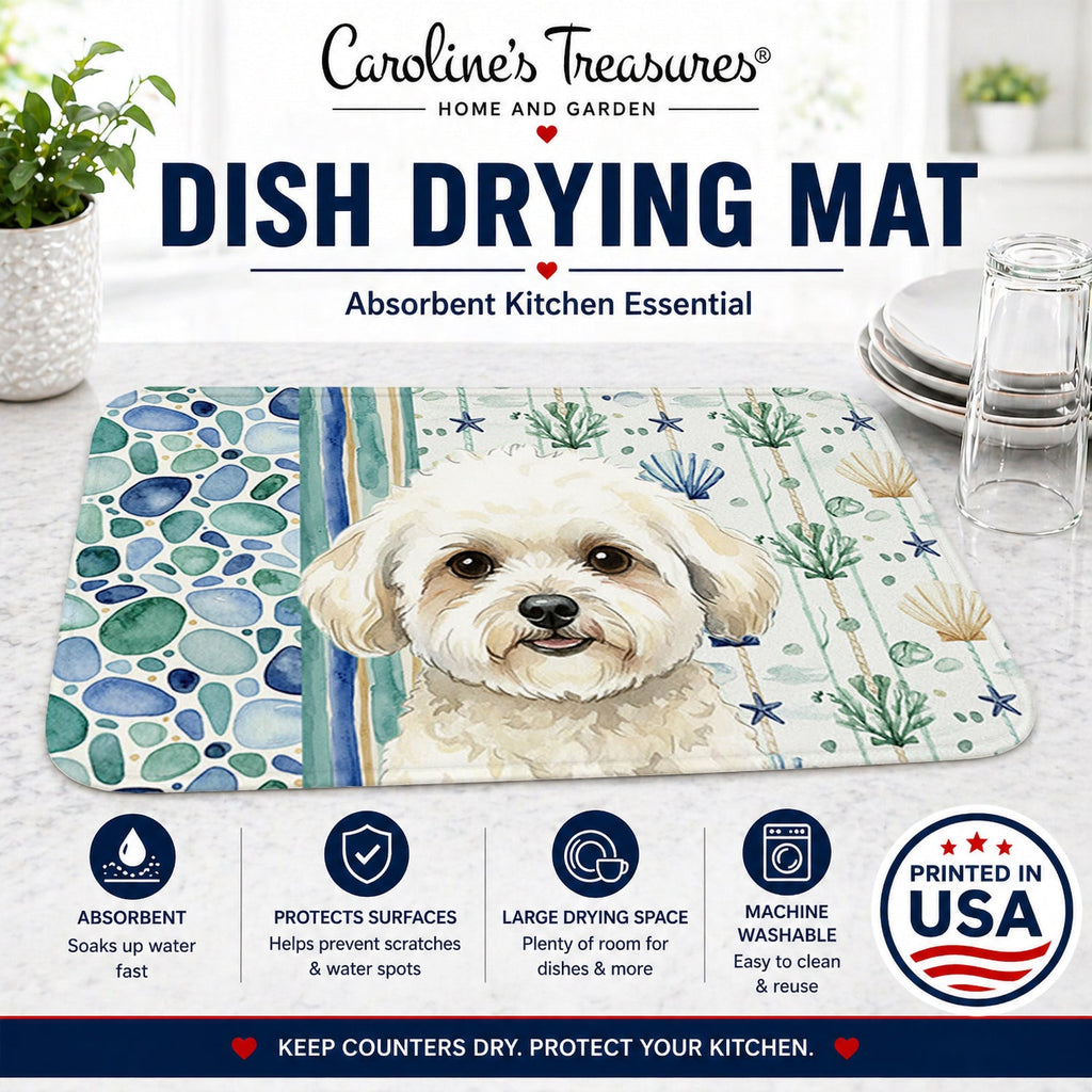 White and Cream Bichon Frise Coastal Sea Glass Dish Drying Mat Absorbent Dish Drying Mat Pad for Kitchen Counter Dish Drainer Mat for Countertop, 14 x 21", Multicolor