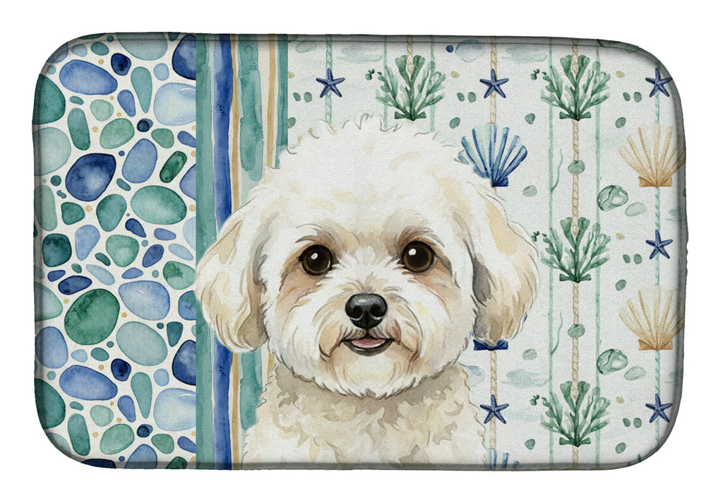 White and Cream Bichon Frise Coastal Sea Glass Dish Drying Mat Absorbent Dish Drying Mat Pad for Kitchen Counter Dish Drainer Mat for Countertop, 14 x 21", Multicolor