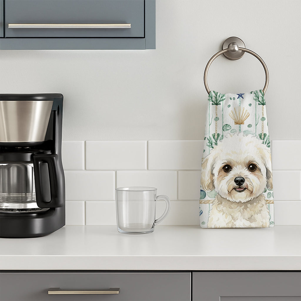 White and Cream Bichon Frise Coastal Sea Glass Kitchen Towel Velour Plush Front and Cotton Loop Back Machine Washable