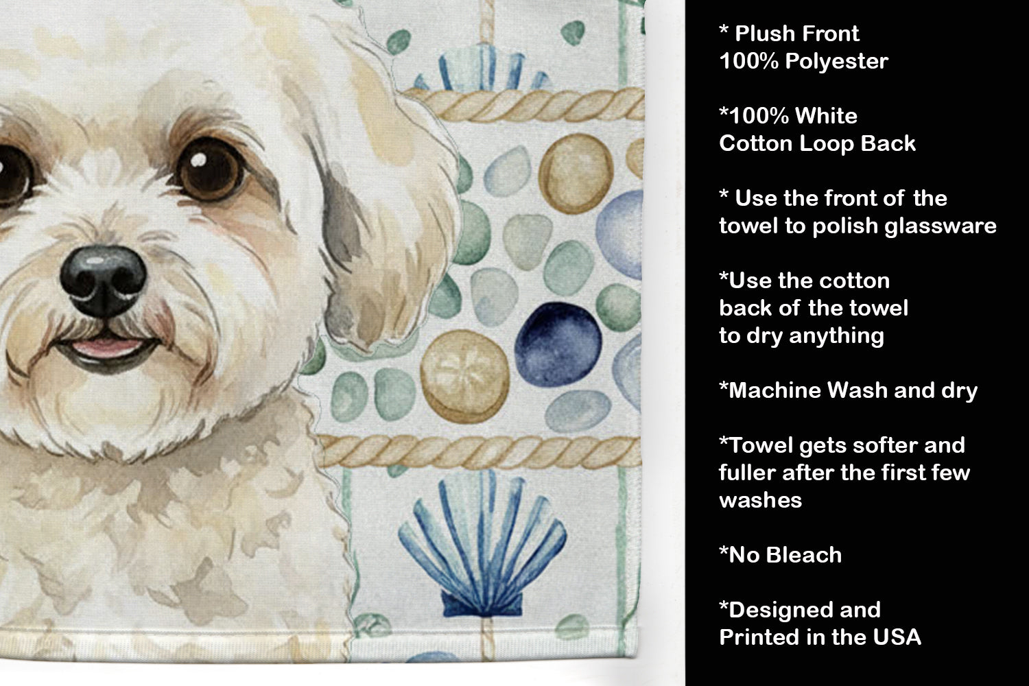 White and Cream Bichon Frise Coastal Sea Glass Kitchen Towel Velour Plush Front and Cotton Loop Back Machine Washable
