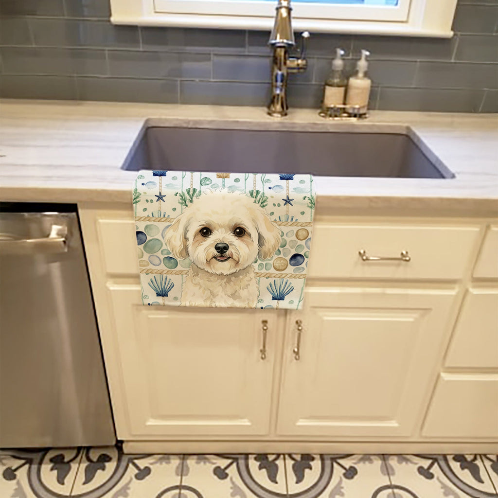 White and Cream Bichon Frise Coastal Sea Glass Kitchen Towel Velour Plush Front and Cotton Loop Back Machine Washable