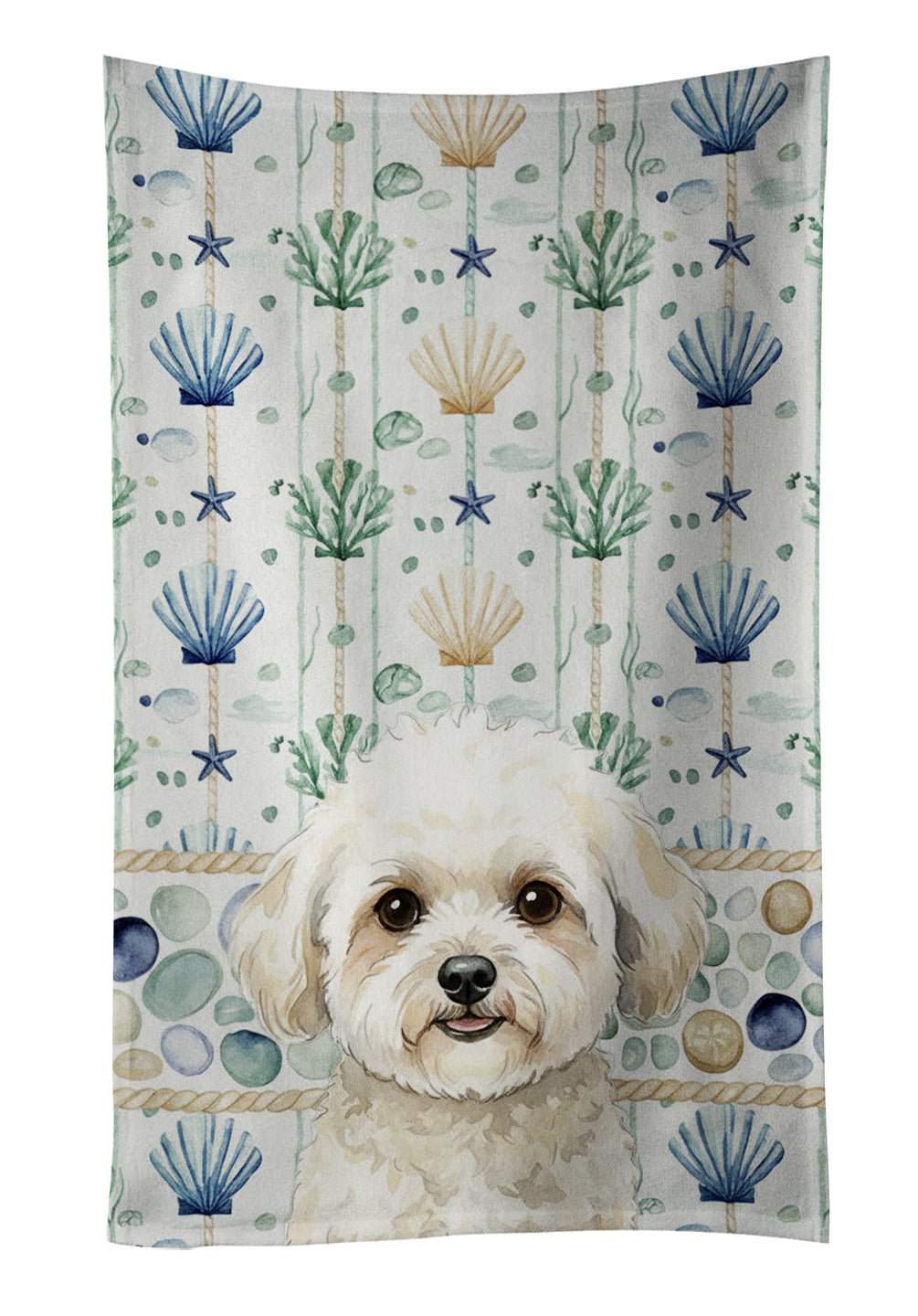 White and Cream Bichon Frise Coastal Sea Glass Kitchen Towel Velour Plush Front and Cotton Loop Back Machine Washable