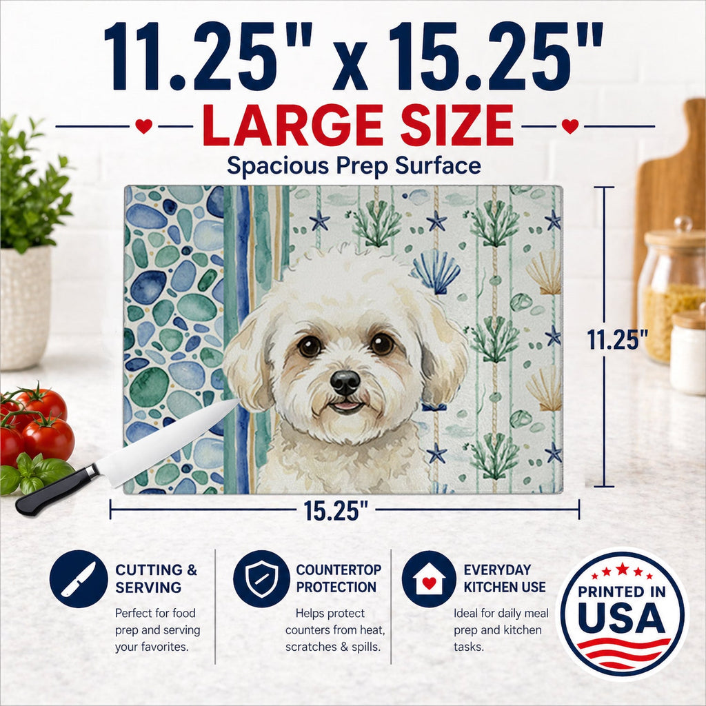 White and Cream Bichon Frise Coastal Sea Glass Cutting Board Tempered Glass Kitchen Cutting Surface, Heat Resistant Chopping, Non-Slip Feet, Food Prep & Serving