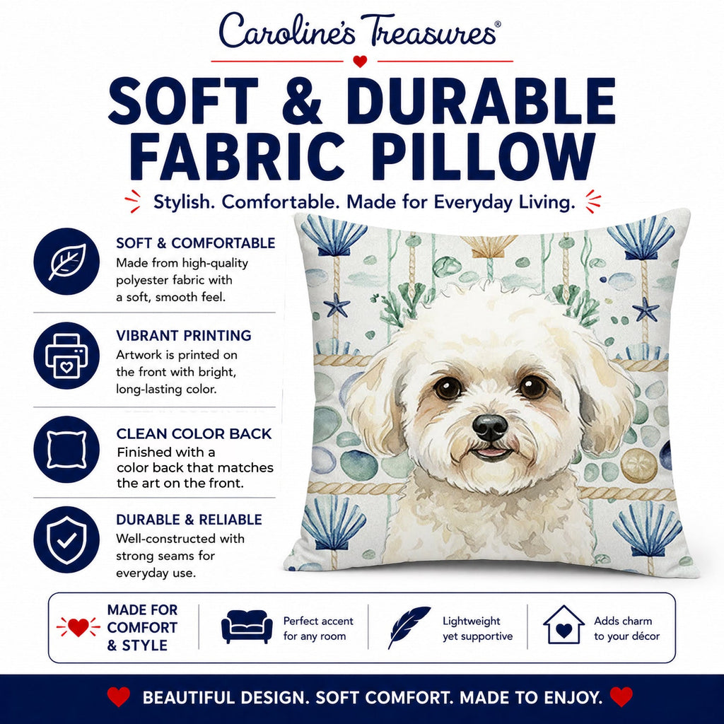 White and Cream Bichon Frise Coastal Sea Glass Decorative Throw Pillow 18x18 Indoor Outdoor Accent Cushion, Fabric Cover with Insert for Sofa, Bed, Porch & Living Room