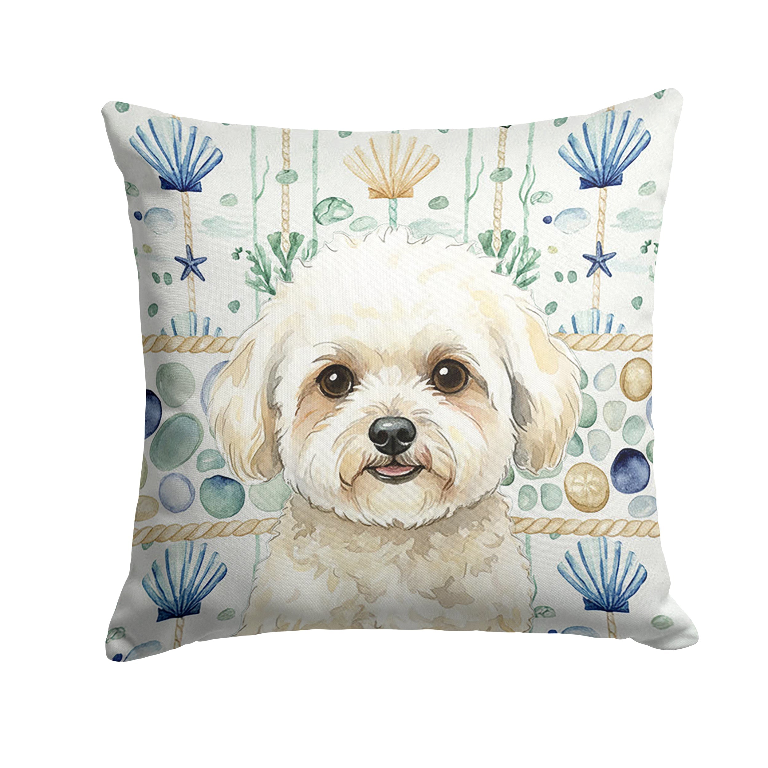 White and Cream Bichon Frise Coastal Sea Glass Decorative Throw Pillow 18x18 Indoor Outdoor Accent Cushion, Fabric Cover with Insert for Sofa, Bed, Porch & Living Room