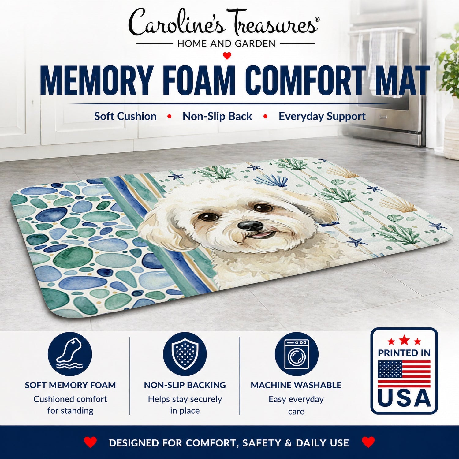 White and Cream Bichon Frise Coastal Sea Glass Memory Foam Kitchen Mat Machine Washable Anti-Fatigue Cushion Comfort Bath or Kitchen Rug