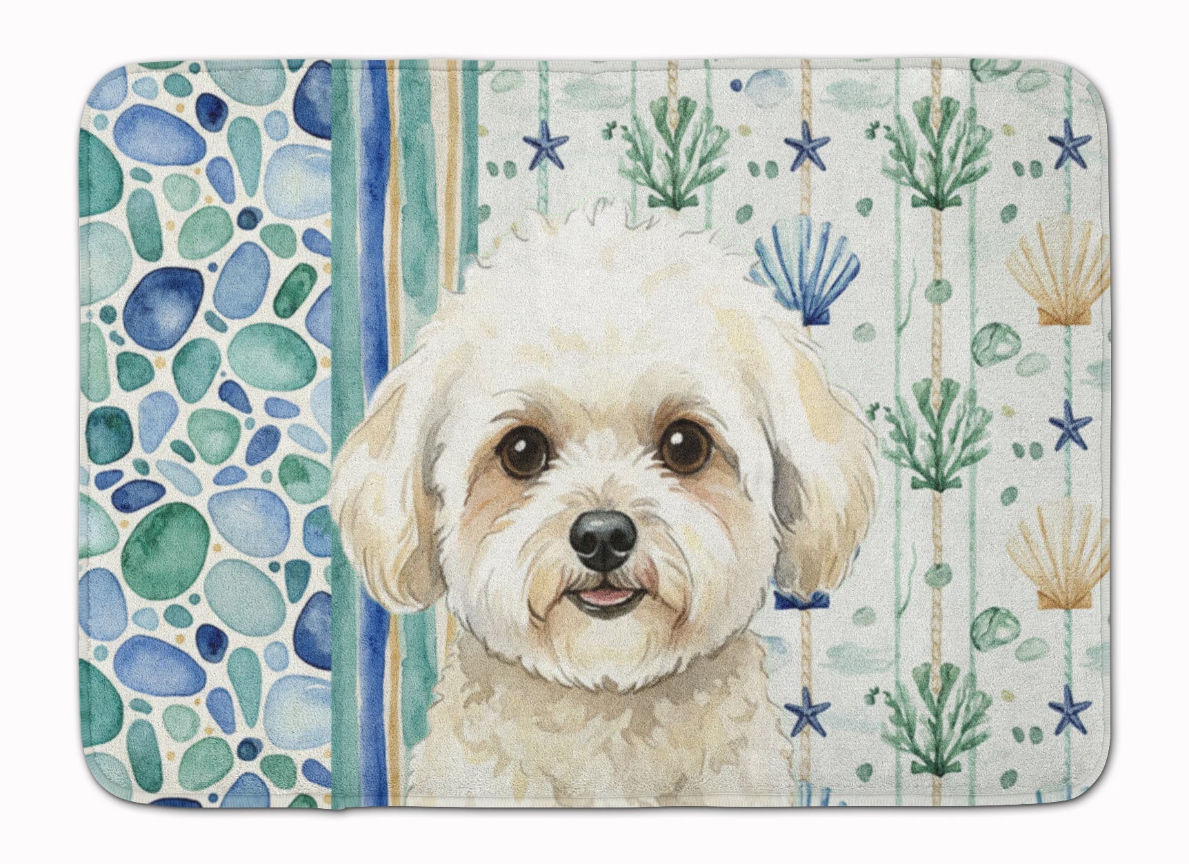White and Cream Bichon Frise Coastal Sea Glass Memory Foam Kitchen Mat Machine Washable Anti-Fatigue Cushion Comfort Bath or Kitchen Rug