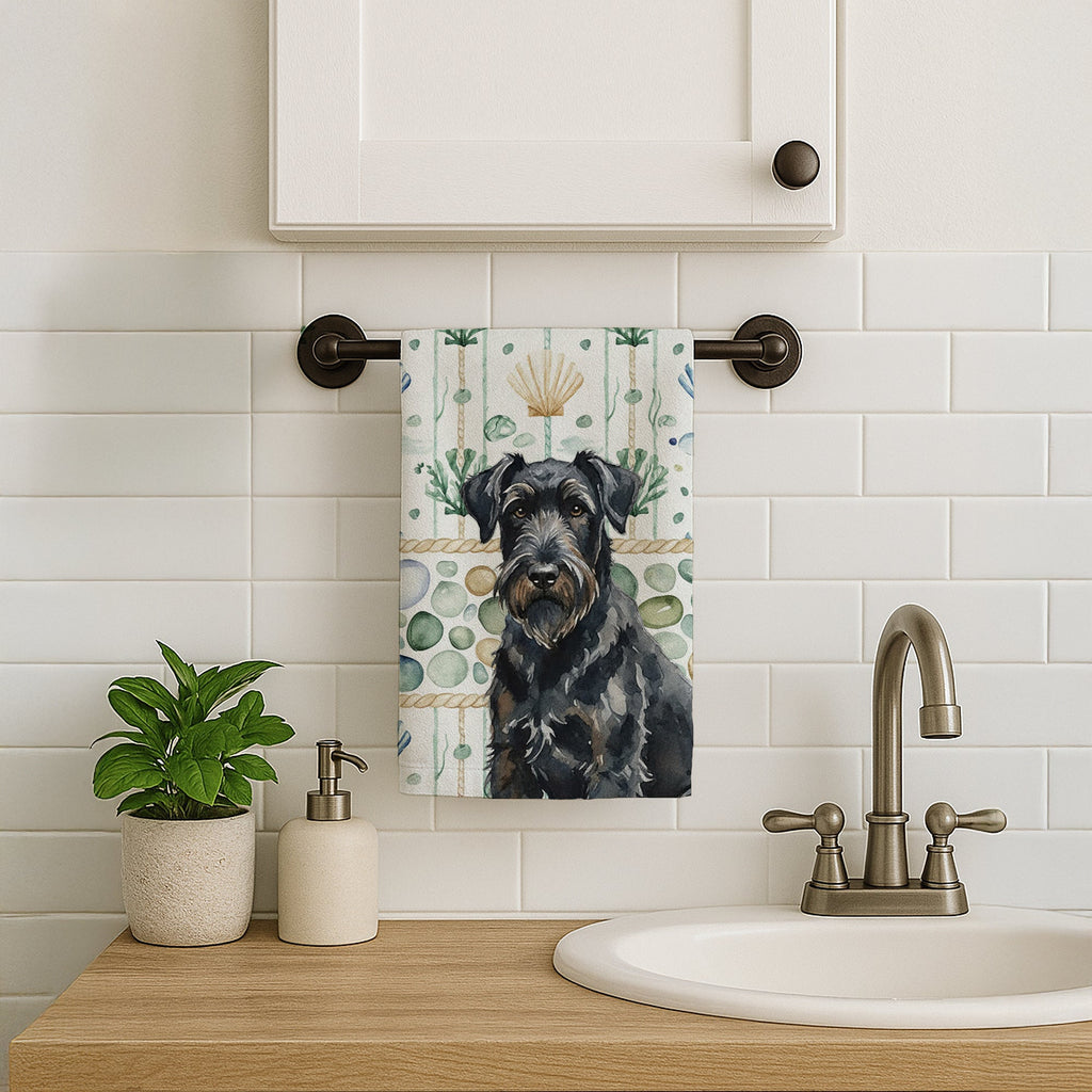 Black Russian Terrier Coastal Sea Glass Kitchen Towel Velour Plush Front and Cotton Loop Back Machine Washable