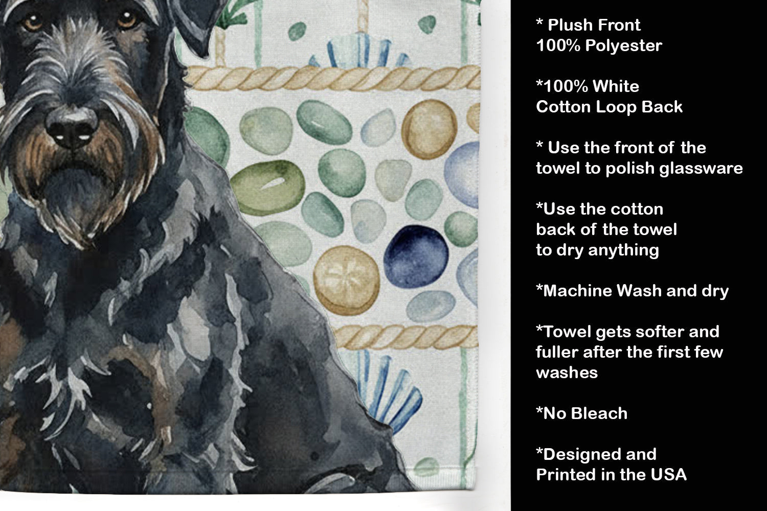 Black Russian Terrier Coastal Sea Glass Kitchen Towel Velour Plush Front and Cotton Loop Back Machine Washable