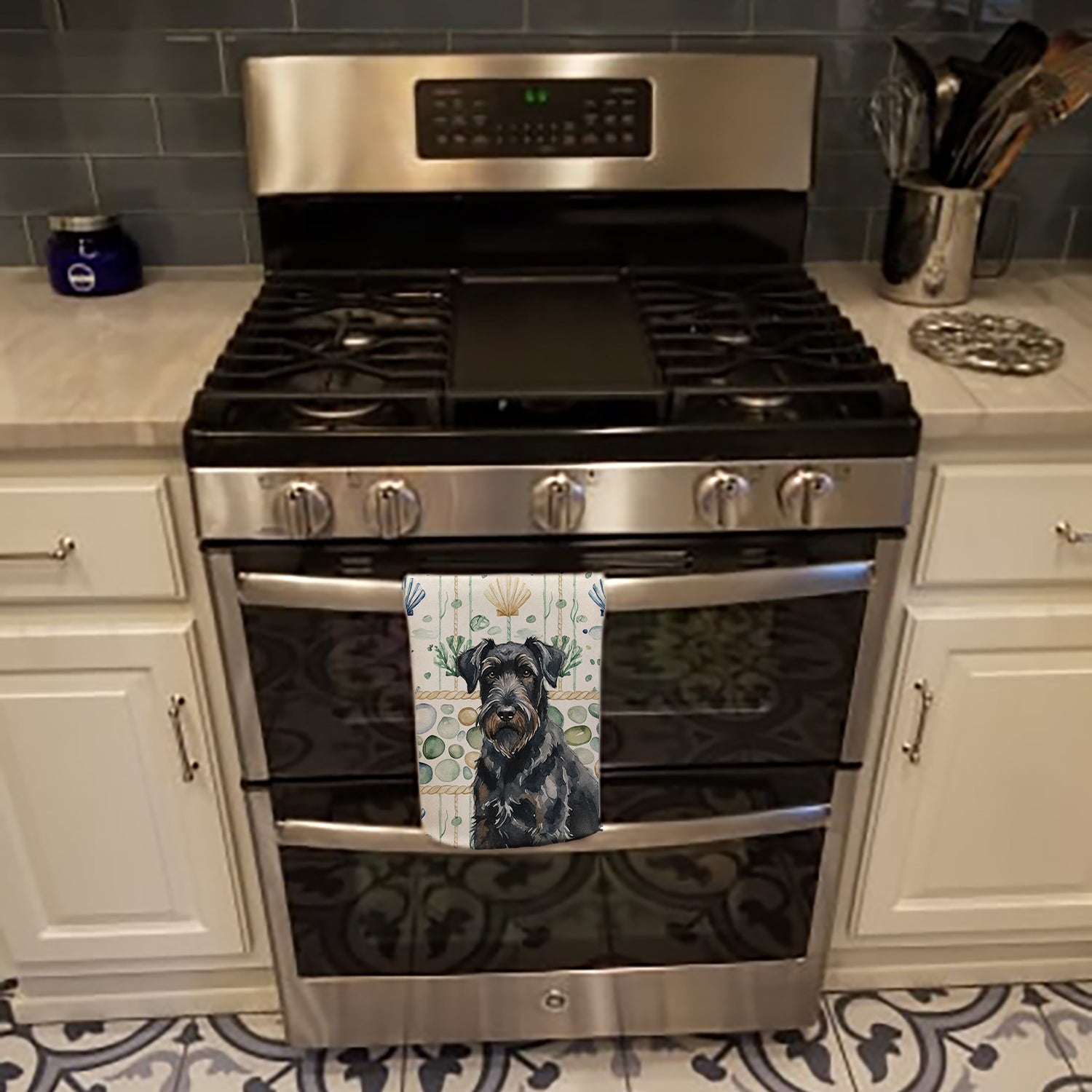 Black Russian Terrier Coastal Sea Glass Kitchen Towel Velour Plush Front and Cotton Loop Back Machine Washable