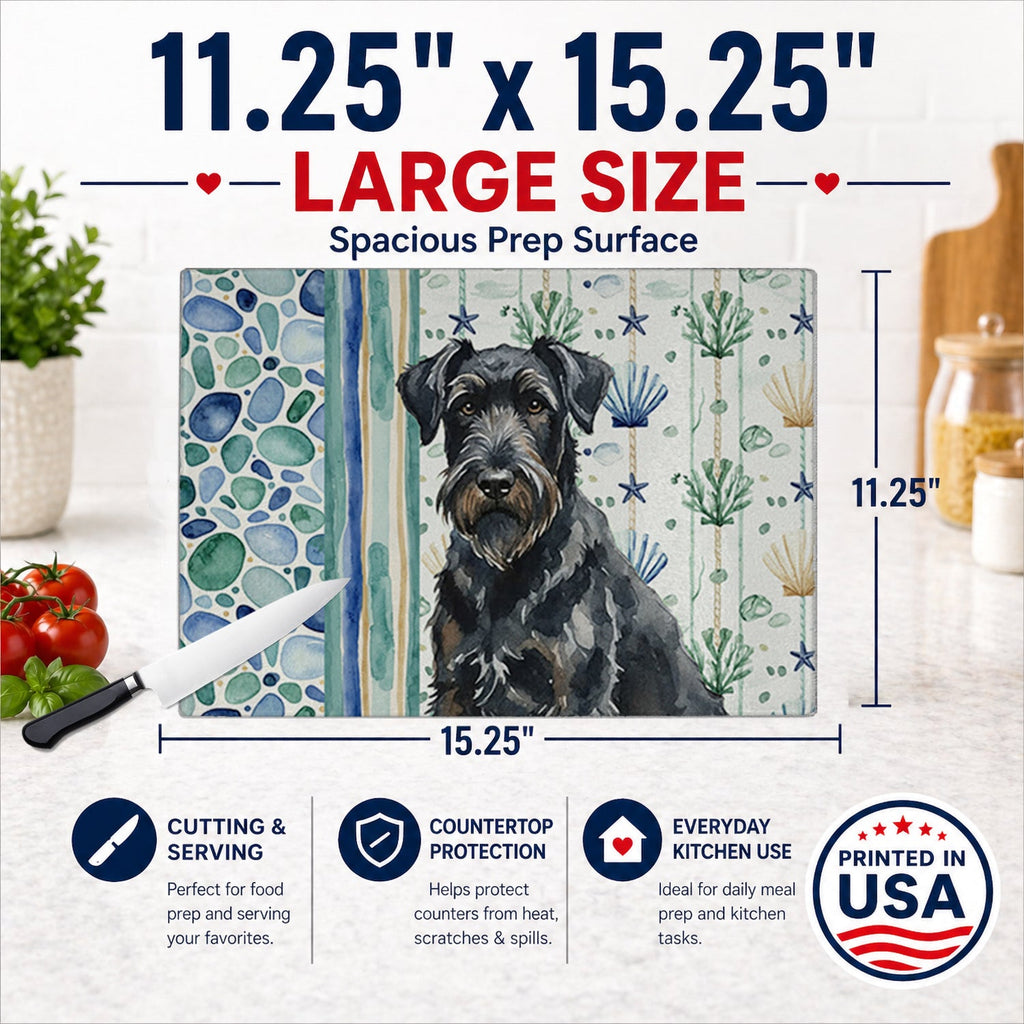 Black Russian Terrier Coastal Sea Glass Cutting Board Tempered Glass Kitchen Cutting Surface, Heat Resistant Chopping, Non-Slip Feet, Food Prep & Serving