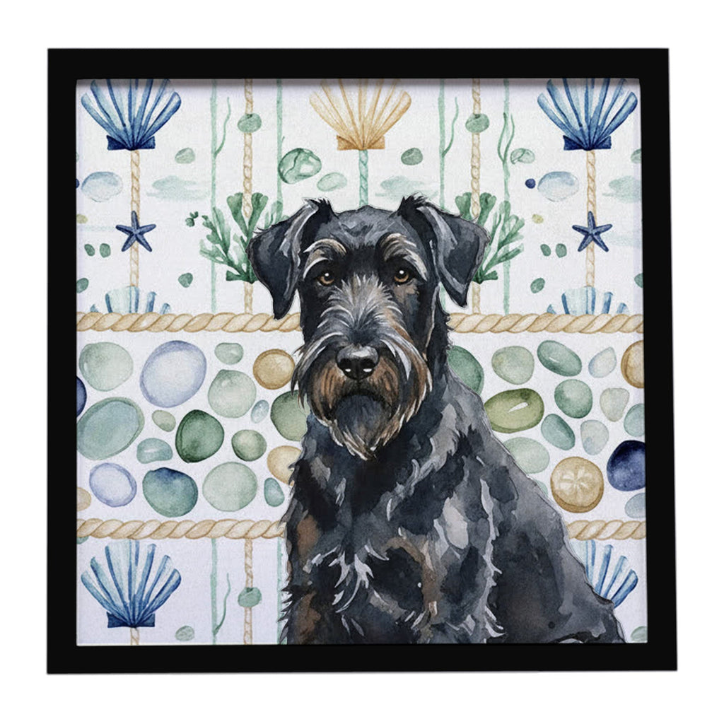 Black Russian Terrier Coastal Sea Glass Framed Metal Print Bathroom, Kitchen, Office, Home Decor Wall Art Ready to Hang, Square, 8X8