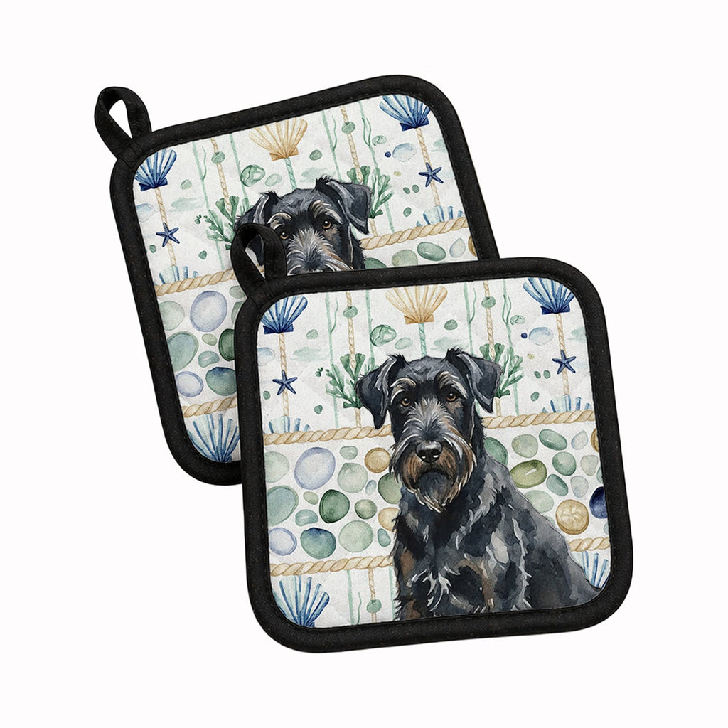 Black Russian Terrier Coastal Sea Glass Pot Holder Set of 2 Heat Resistant Quilted Hot Pads 7.5 x 7.5 Inch, Insulated Kitchen Trivets for Cooking & Baking