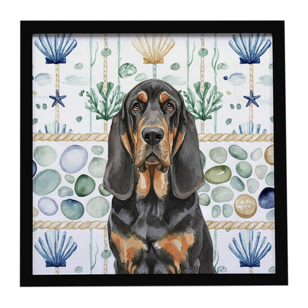Black and Tan Bloodhound Coastal Sea Glass Framed Metal Print Bathroom, Kitchen, Office, Home Decor Wall Art Ready to Hang, Square, 8X8
