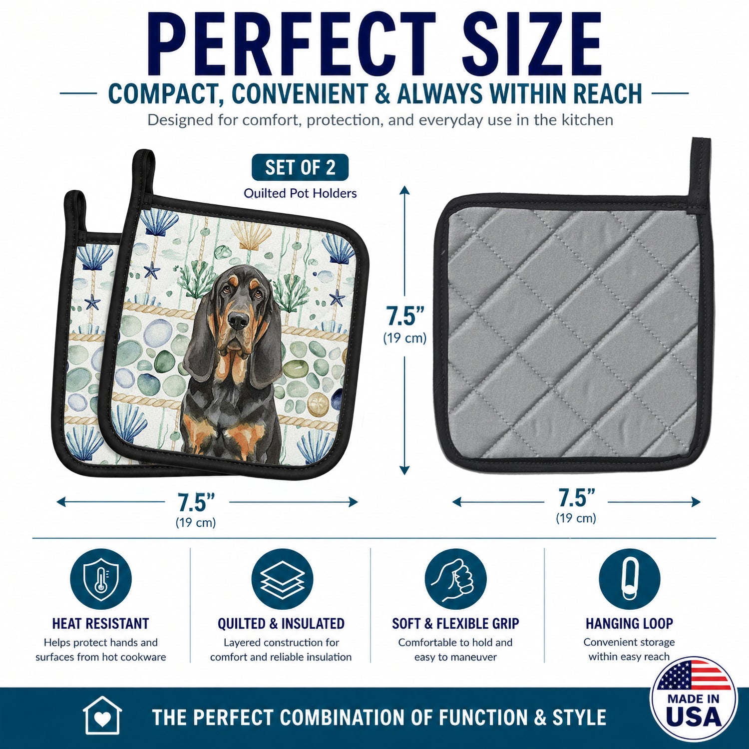 Black and Tan Bloodhound Coastal Sea Glass Pot Holder Set of 2 Heat Resistant Quilted Hot Pads 7.5 x 7.5 Inch, Insulated Kitchen Trivets for Cooking & Baking