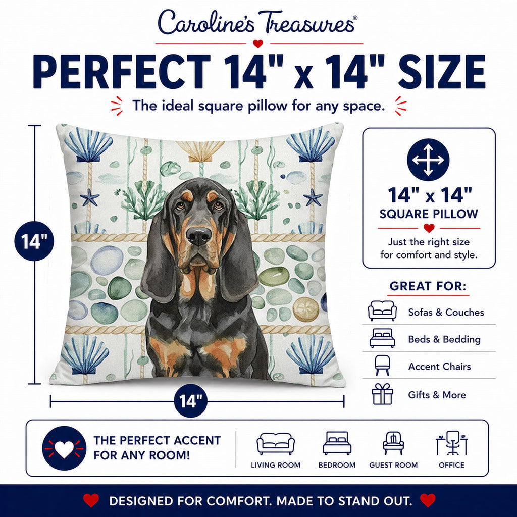 Black and Tan Bloodhound Coastal Sea Glass Decorative Throw Pillow 14x14 Indoor Outdoor Accent Cushion, Fabric Cover with Insert for Sofa, Bed, Porch & Living Room