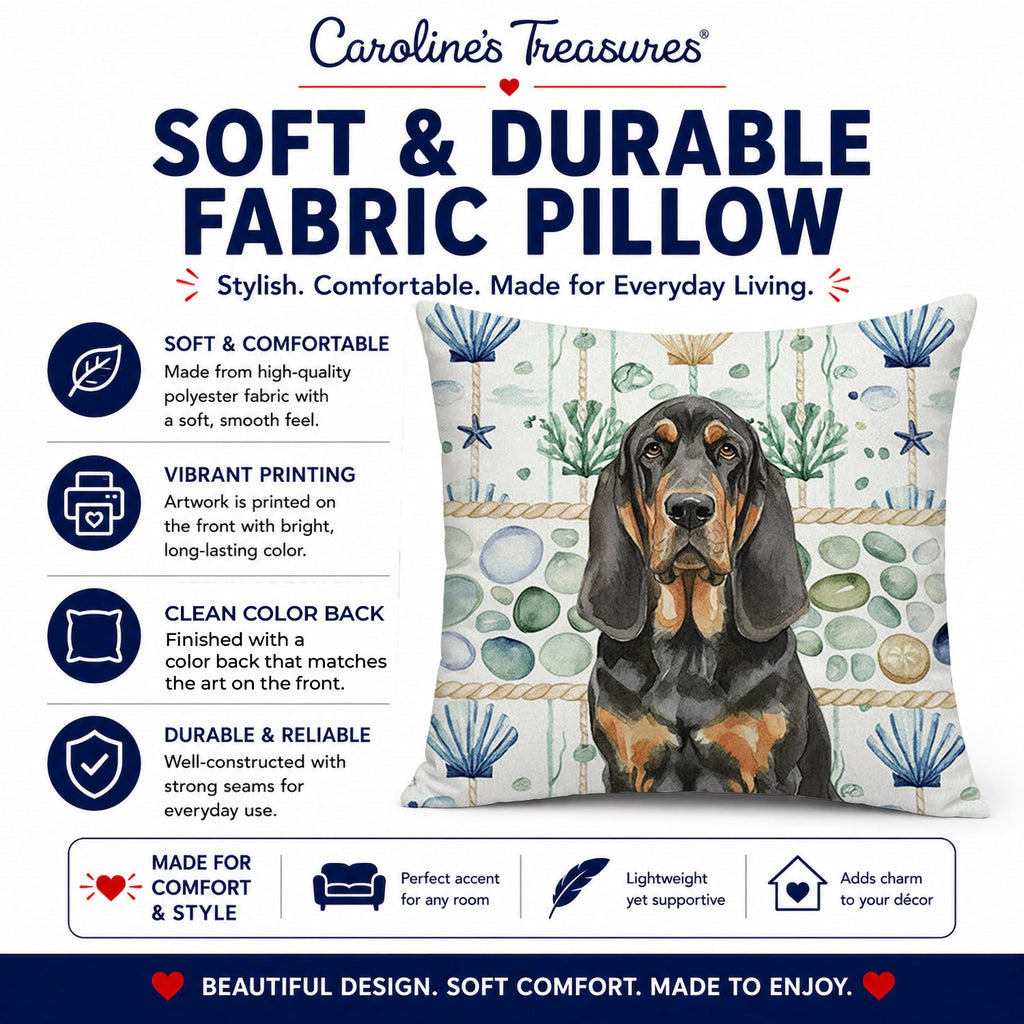Black and Tan Bloodhound Coastal Sea Glass Decorative Throw Pillow 18x18 Indoor Outdoor Accent Cushion, Fabric Cover with Insert for Sofa, Bed, Porch & Living Room