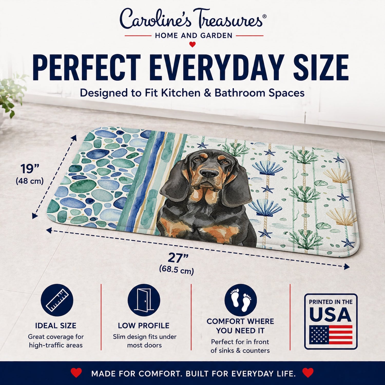 Black and Tan Bloodhound Coastal Sea Glass Memory Foam Kitchen Mat Machine Washable Anti-Fatigue Cushion Comfort Bath or Kitchen Rug