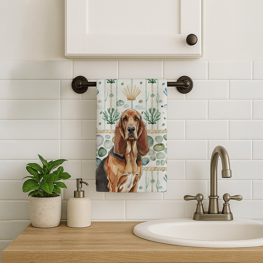 Liver and Tan Bloodhound Coastal Sea Glass Kitchen Towel Velour Plush Front and Cotton Loop Back Machine Washable
