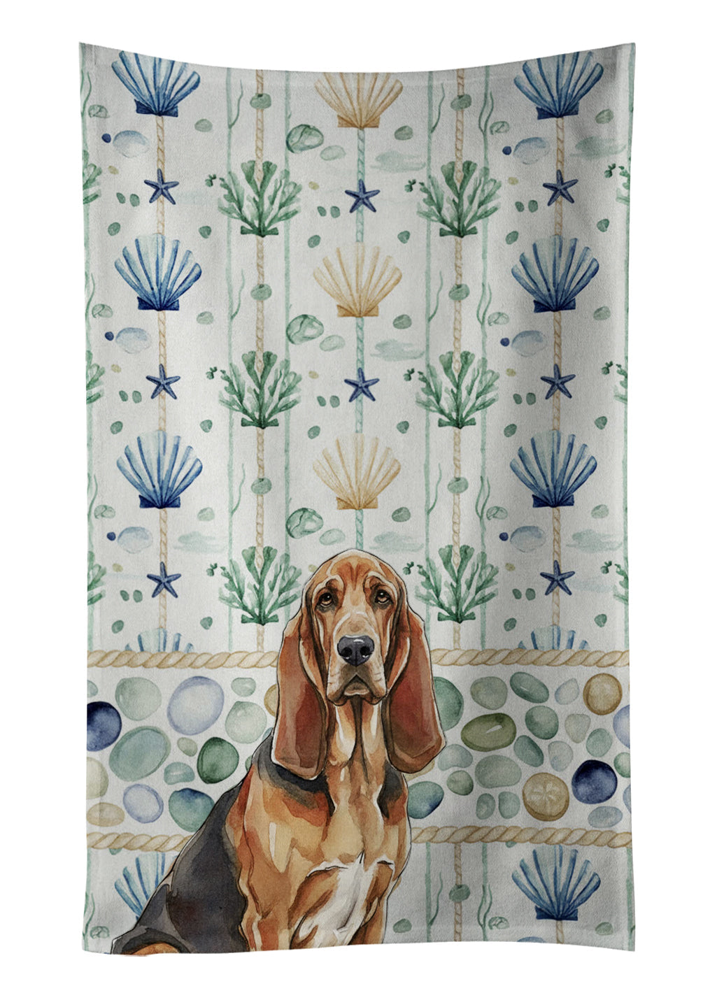 Liver and Tan Bloodhound Coastal Sea Glass Kitchen Towel Velour Plush Front and Cotton Loop Back Machine Washable