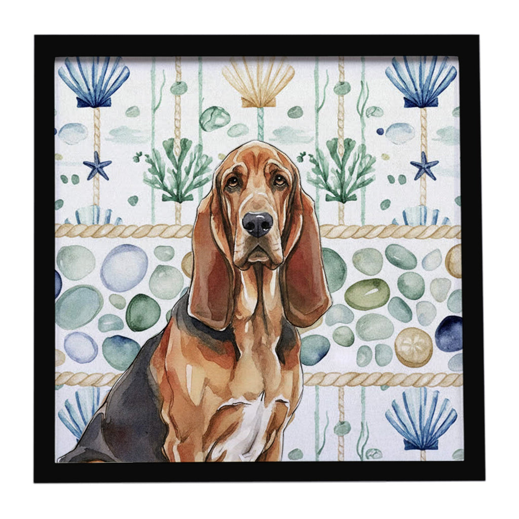 Liver and Tan Bloodhound Coastal Sea Glass Framed Metal Print Bathroom, Kitchen, Office, Home Decor Wall Art Ready to Hang, Square, 8X8