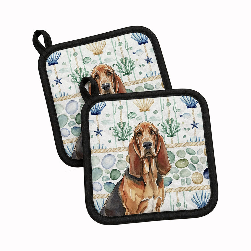 Liver and Tan Bloodhound Coastal Sea Glass Pot Holder Set of 2 Heat Resistant Quilted Hot Pads 7.5 x 7.5 Inch, Insulated Kitchen Trivets for Cooking & Baking