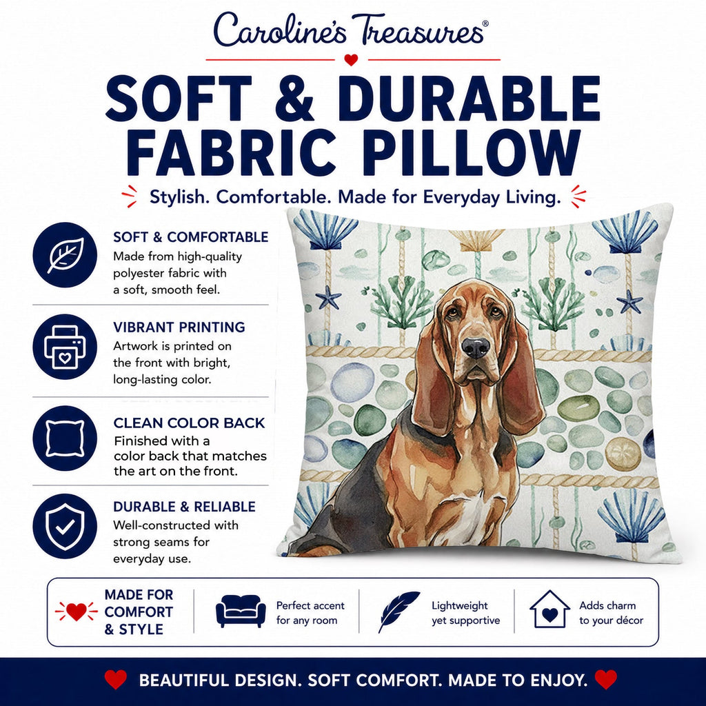 Liver and Tan Bloodhound Coastal Sea Glass Decorative Throw Pillow 14x14 Indoor Outdoor Accent Cushion, Fabric Cover with Insert for Sofa, Bed, Porch & Living Room