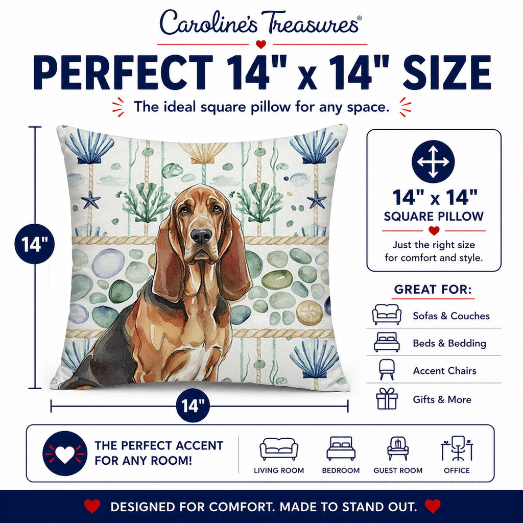 Liver and Tan Bloodhound Coastal Sea Glass Decorative Throw Pillow 14x14 Indoor Outdoor Accent Cushion, Fabric Cover with Insert for Sofa, Bed, Porch & Living Room