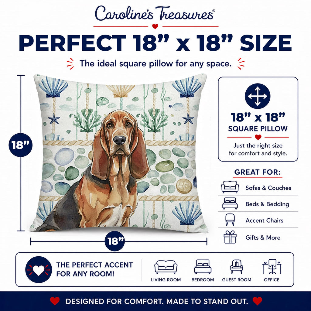 Liver and Tan Bloodhound Coastal Sea Glass Decorative Throw Pillow 18x18 Indoor Outdoor Accent Cushion, Fabric Cover with Insert for Sofa, Bed, Porch & Living Room