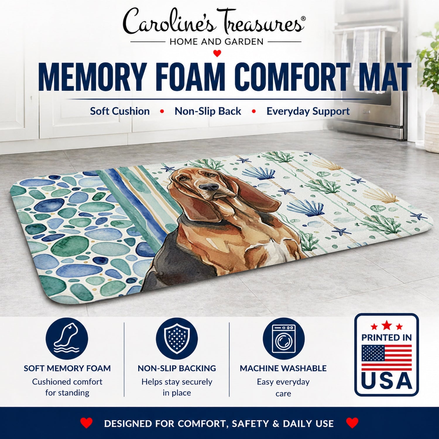 Liver and Tan Bloodhound Coastal Sea Glass Memory Foam Kitchen Mat Machine Washable Anti-Fatigue Cushion Comfort Bath or Kitchen Rug
