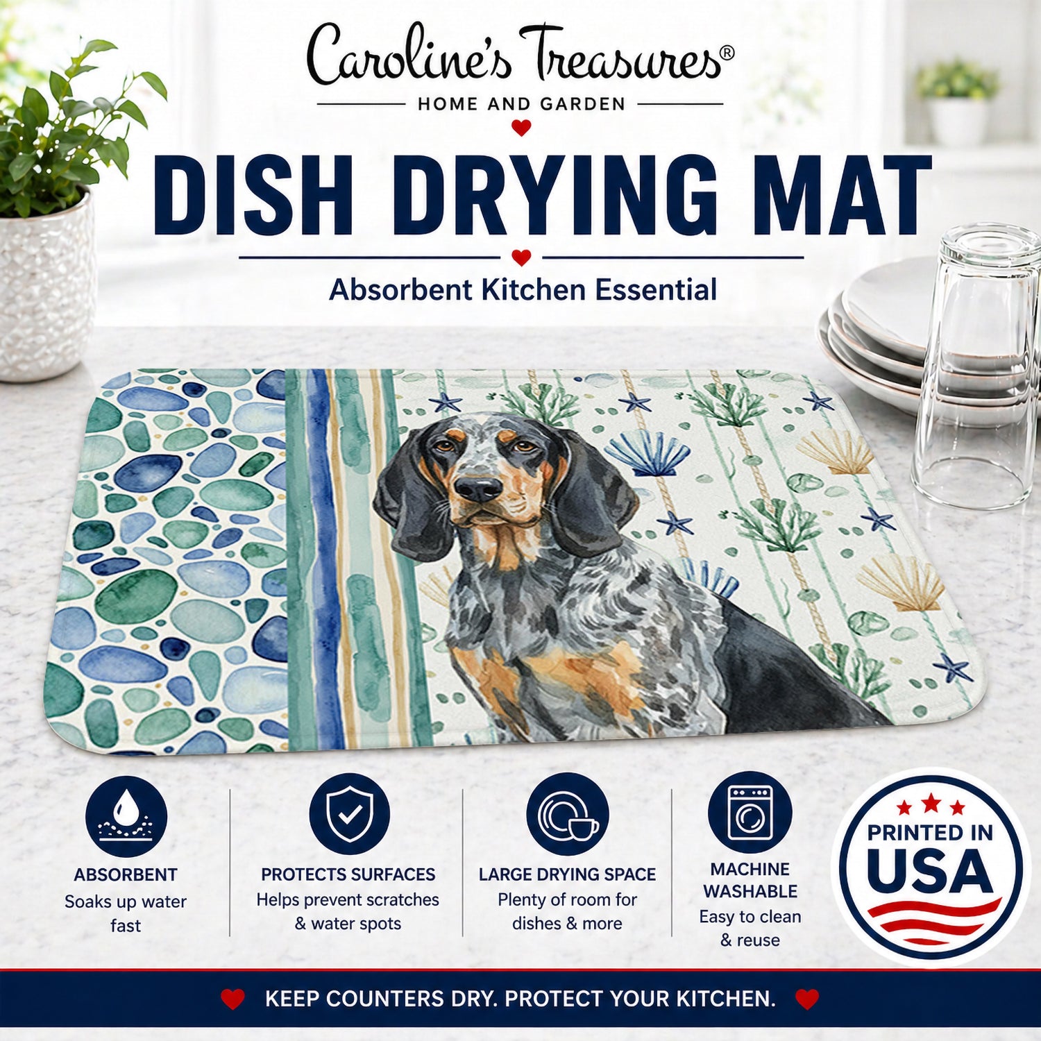 Bluetick Coonhound Coastal Sea Glass Dish Drying Mat Absorbent Dish Drying Mat Pad for Kitchen Counter Dish Drainer Mat for Countertop, 14 x 21", Multicolor