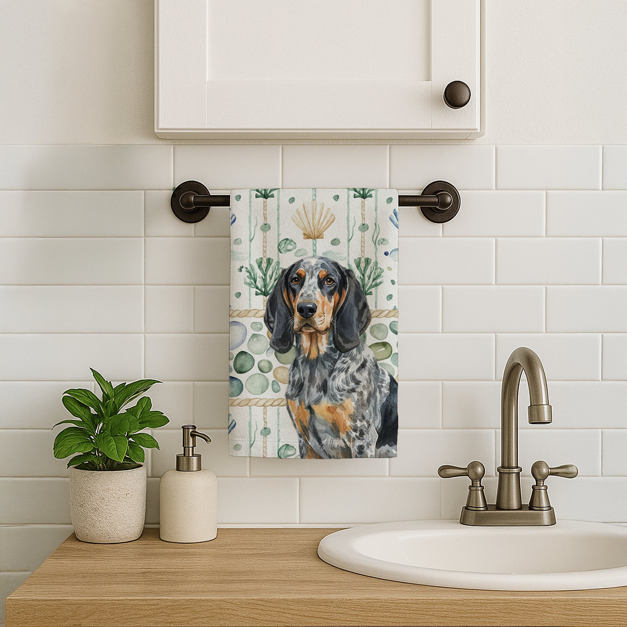 Bluetick Coonhound Coastal Sea Glass Kitchen Towel Velour Plush Front and Cotton Loop Back Machine Washable