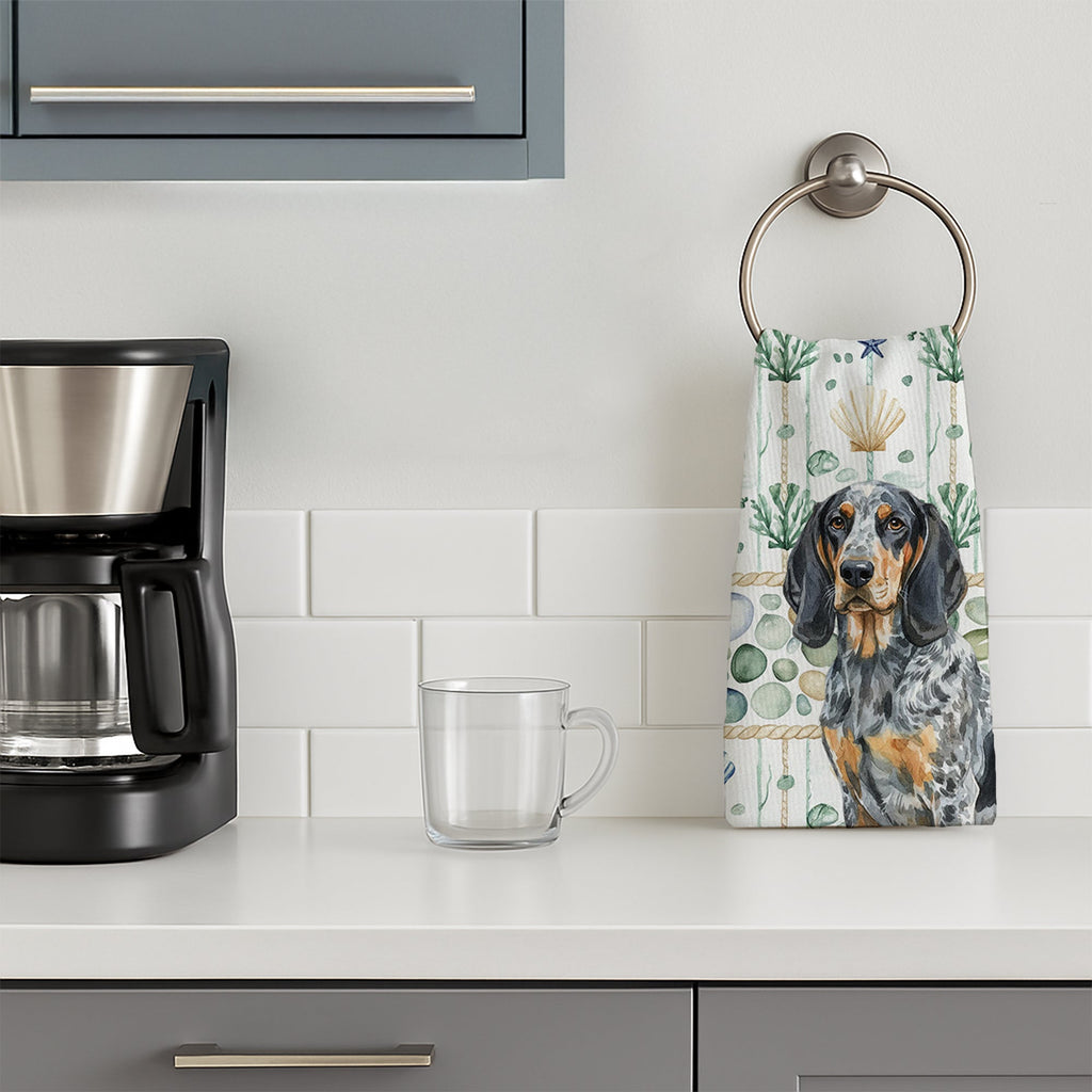 Bluetick Coonhound Coastal Sea Glass Kitchen Towel Velour Plush Front and Cotton Loop Back Machine Washable