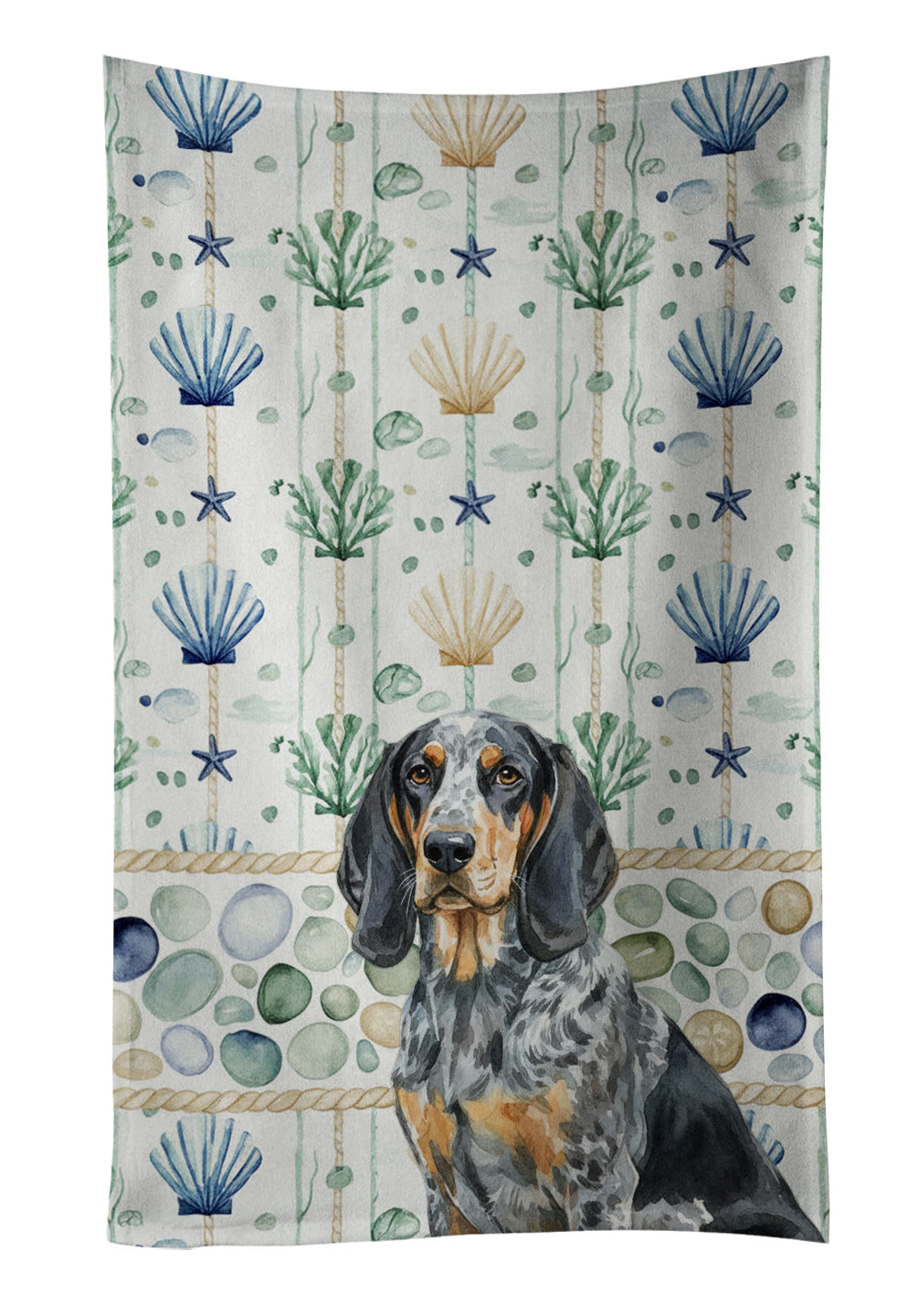 Bluetick Coonhound Coastal Sea Glass Kitchen Towel Velour Plush Front and Cotton Loop Back Machine Washable