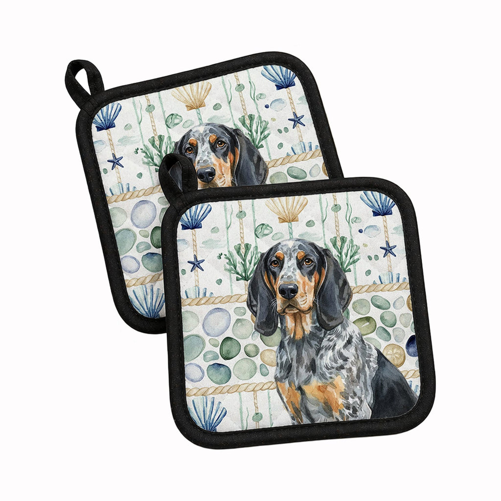 Bluetick Coonhound Coastal Sea Glass Pot Holder Set of 2 Heat Resistant Quilted Hot Pads 7.5 x 7.5 Inch, Insulated Kitchen Trivets for Cooking & Baking