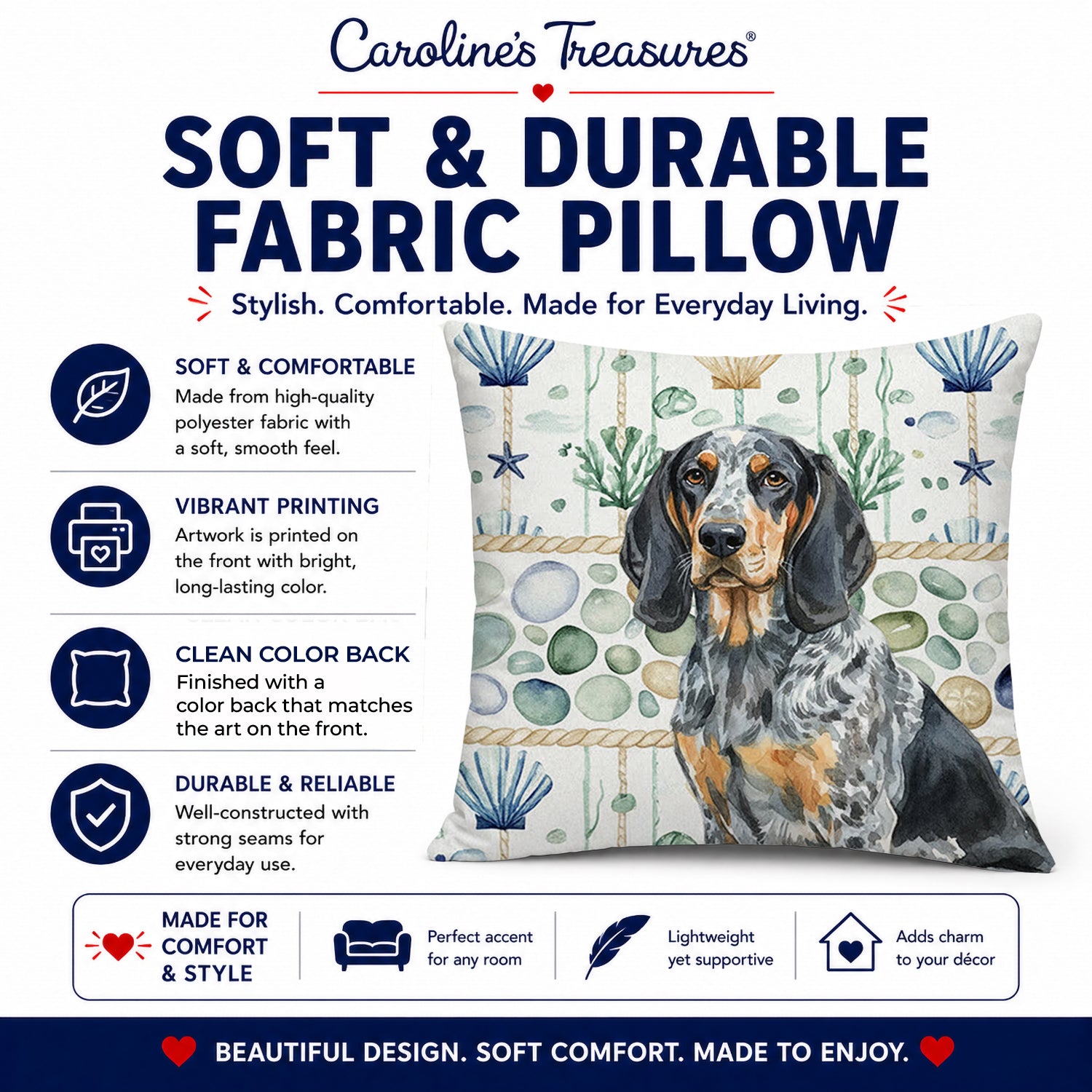 Bluetick Coonhound Coastal Sea Glass Decorative Throw Pillow 14x14 Indoor Outdoor Accent Cushion, Fabric Cover with Insert for Sofa, Bed, Porch & Living Room
