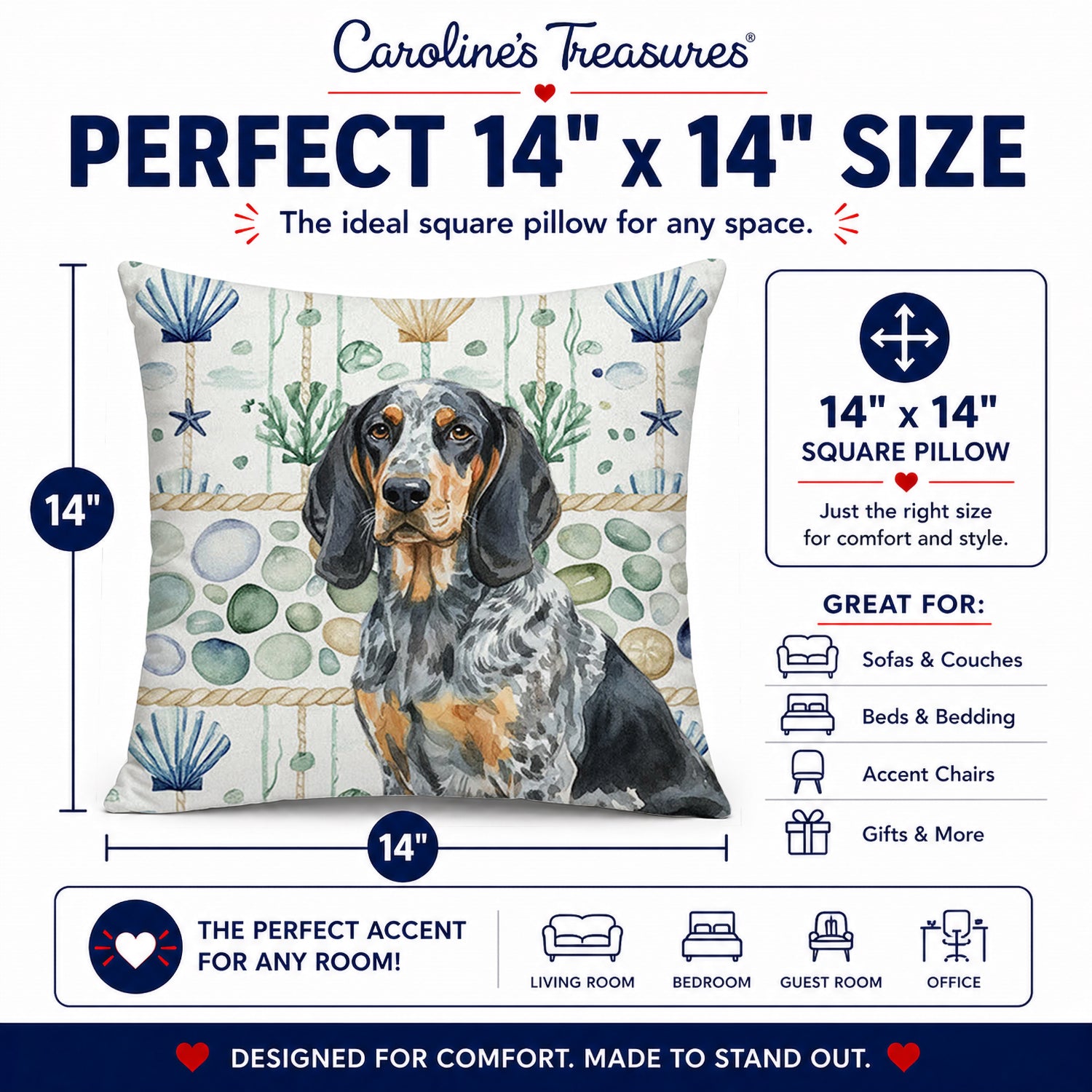 Bluetick Coonhound Coastal Sea Glass Decorative Throw Pillow 14x14 Indoor Outdoor Accent Cushion, Fabric Cover with Insert for Sofa, Bed, Porch & Living Room