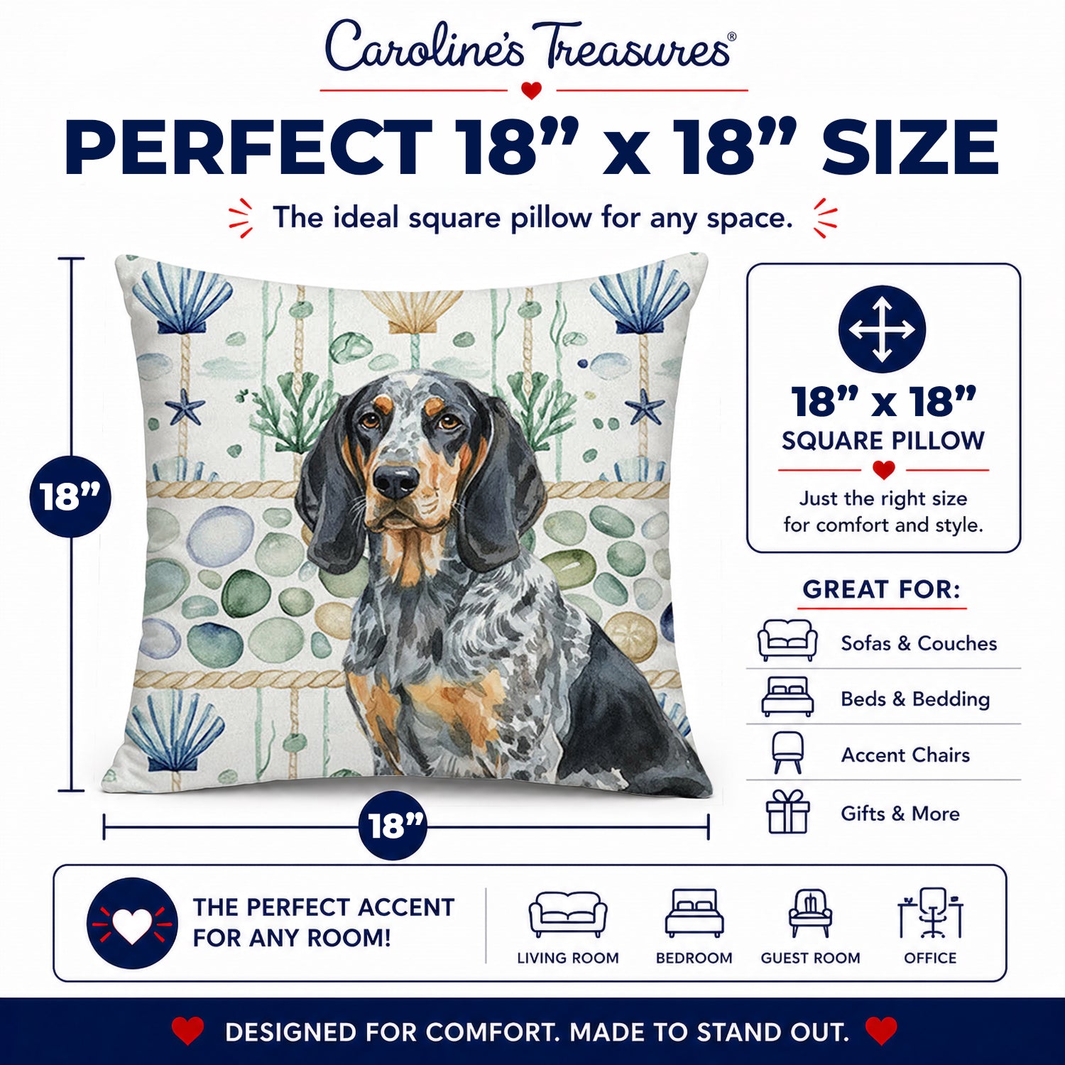 Bluetick Coonhound Coastal Sea Glass Decorative Throw Pillow 18x18 Indoor Outdoor Accent Cushion, Fabric Cover with Insert for Sofa, Bed, Porch & Living Room