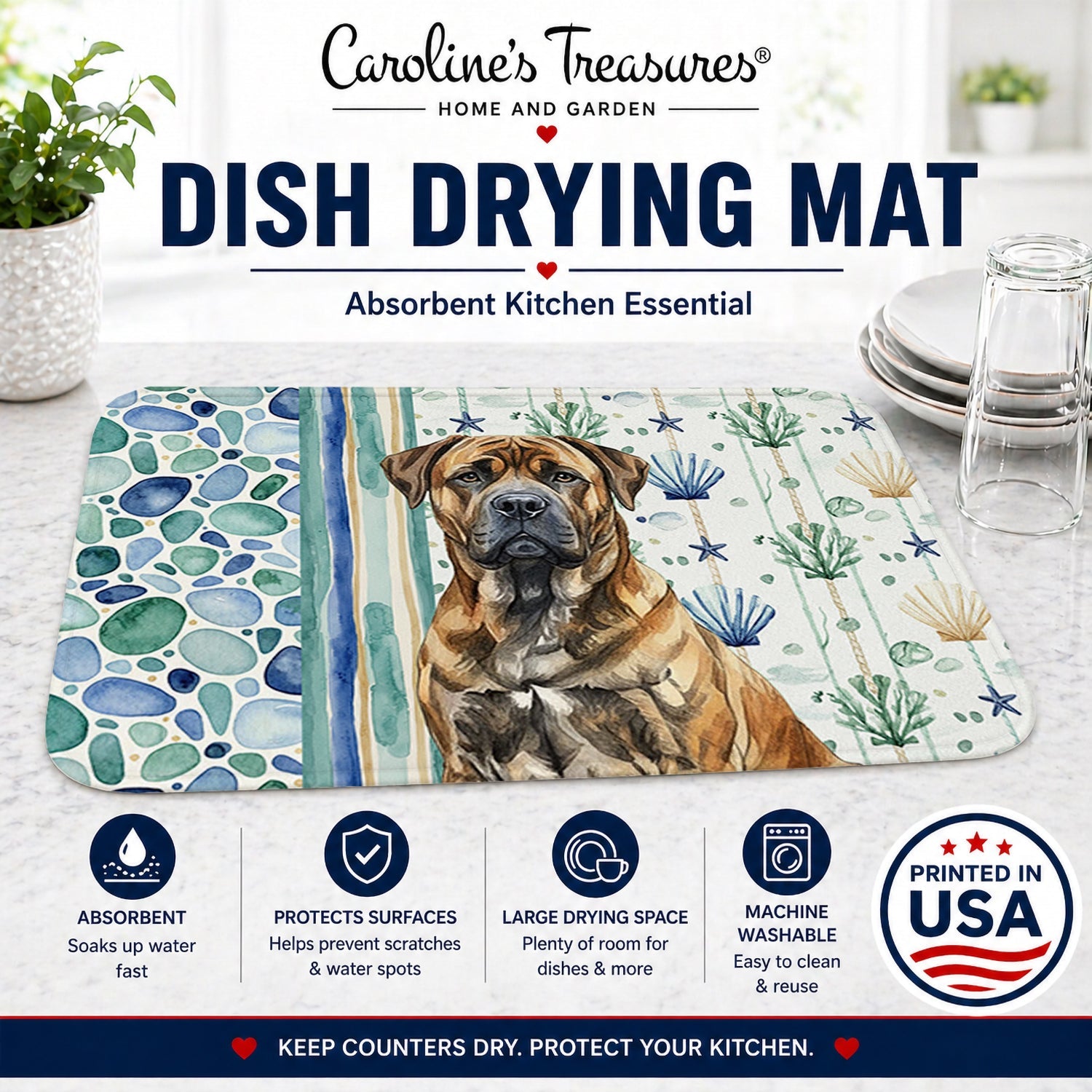 Brindle Boerboel Coastal Sea Glass Dish Drying Mat Absorbent Dish Drying Mat Pad for Kitchen Counter Dish Drainer Mat for Countertop, 14 x 21", Multicolor