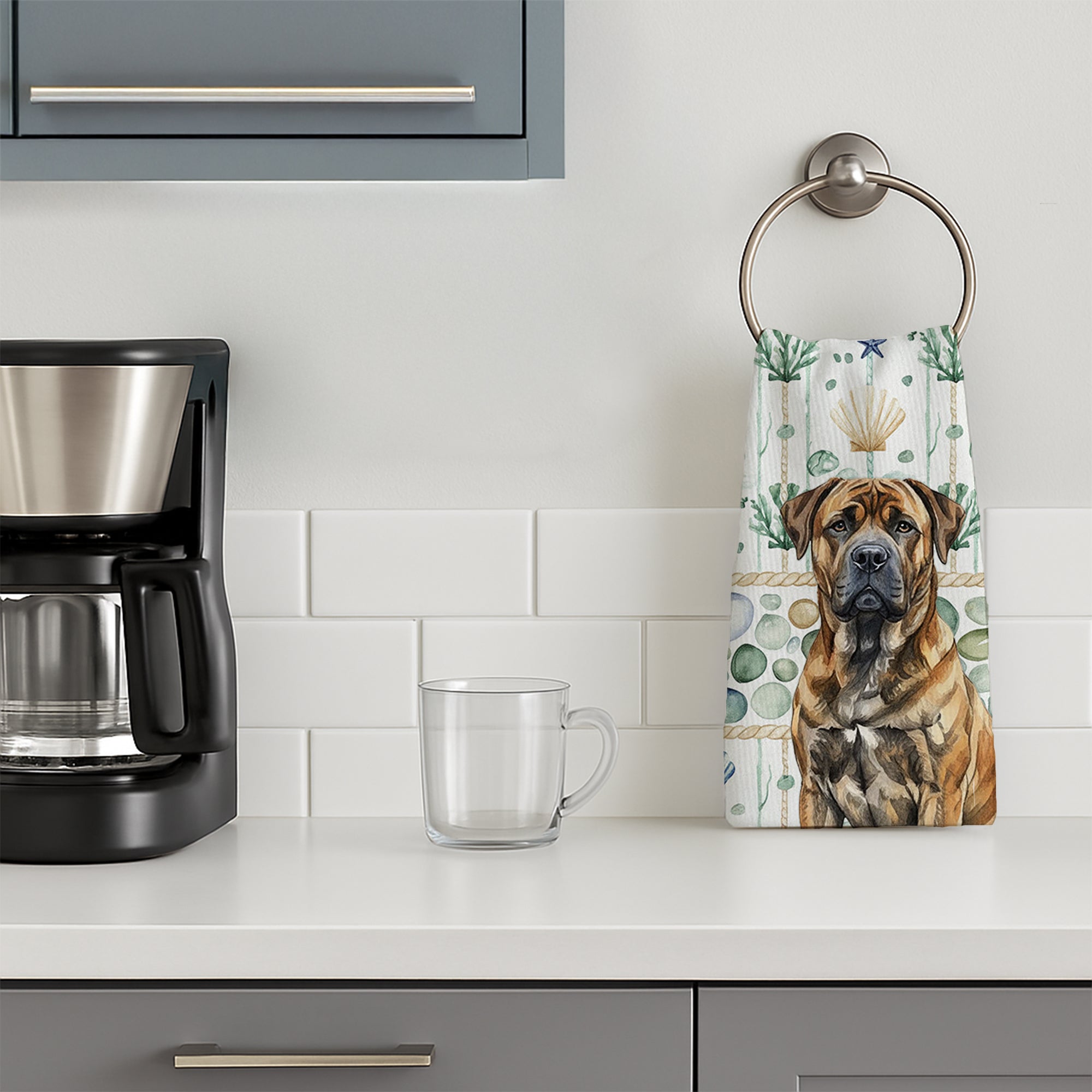 Brindle Boerboel Coastal Sea Glass Kitchen Towel Velour Plush Front and Cotton Loop Back Machine Washable