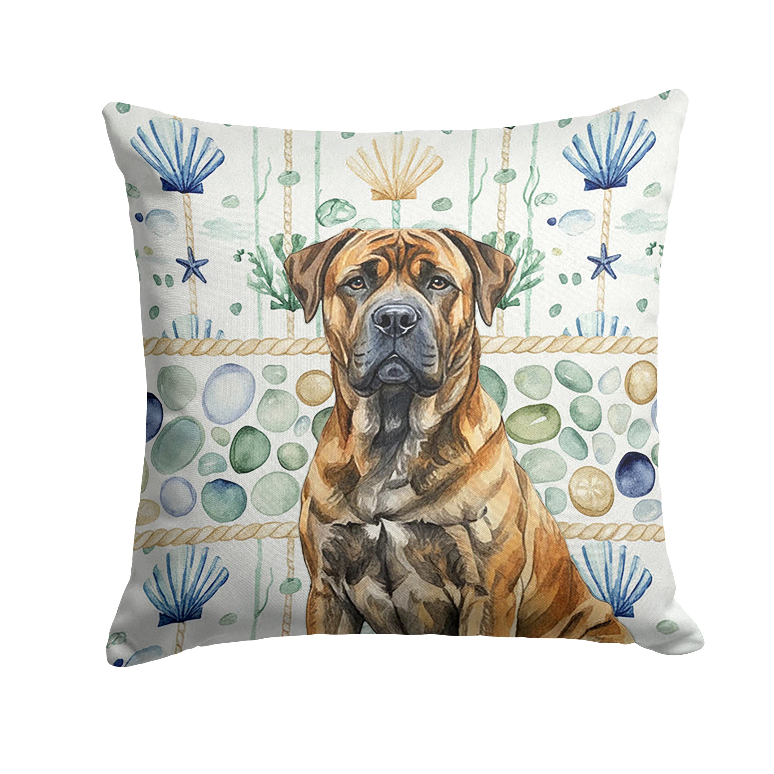 Brindle Boerboel Coastal Sea Glass Decorative Throw Pillow 14x14 Indoor Outdoor Accent Cushion, Fabric Cover with Insert for Sofa, Bed, Porch & Living Room