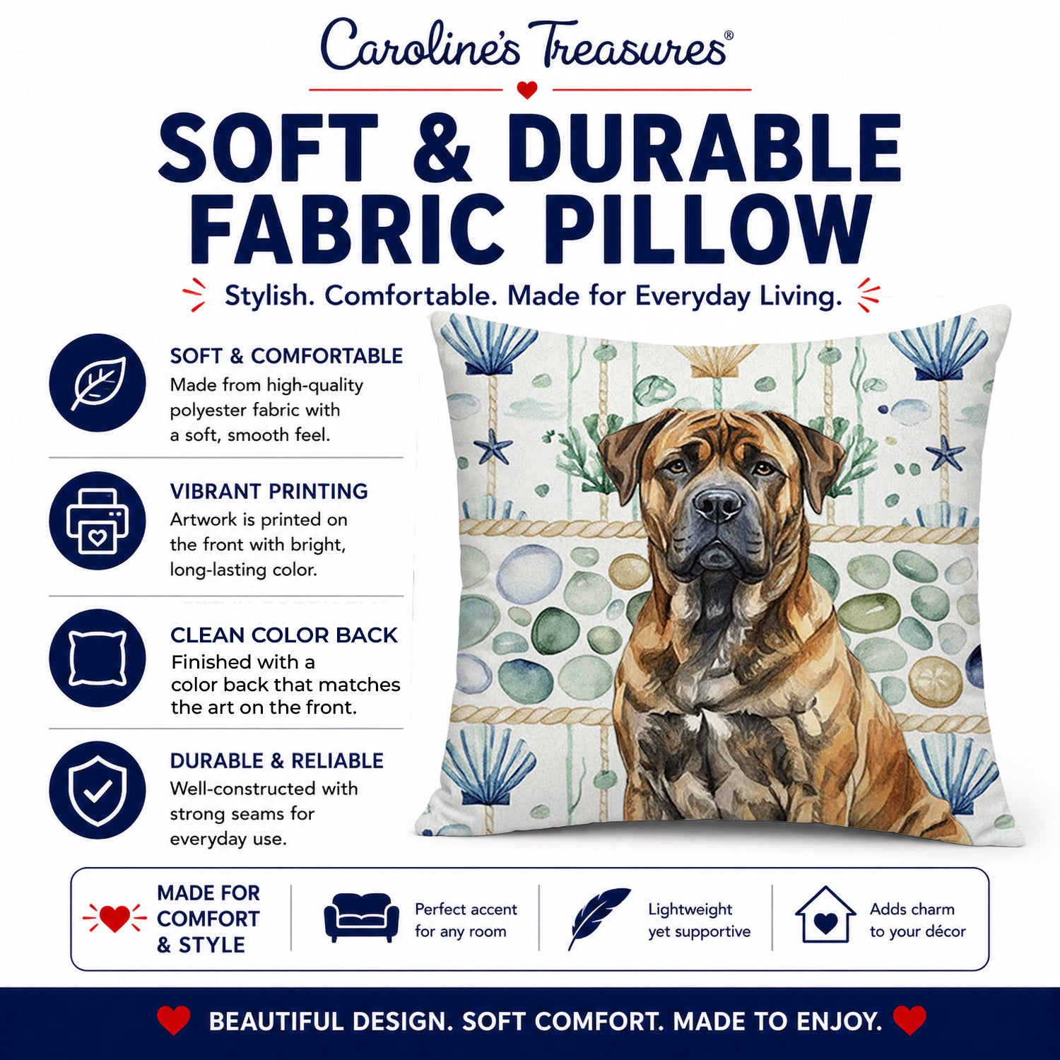 Brindle Boerboel Coastal Sea Glass Decorative Throw Pillow 18x18 Indoor Outdoor Accent Cushion, Fabric Cover with Insert for Sofa, Bed, Porch & Living Room