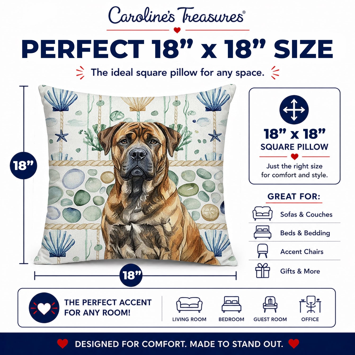Brindle Boerboel Coastal Sea Glass Decorative Throw Pillow 18x18 Indoor Outdoor Accent Cushion, Fabric Cover with Insert for Sofa, Bed, Porch & Living Room